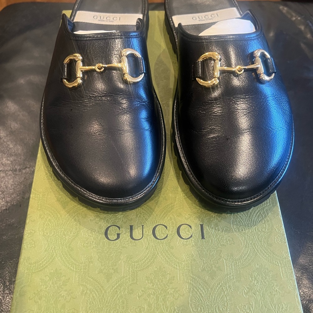 Gucci Black Leather Mules with Gold Horsebit hardware